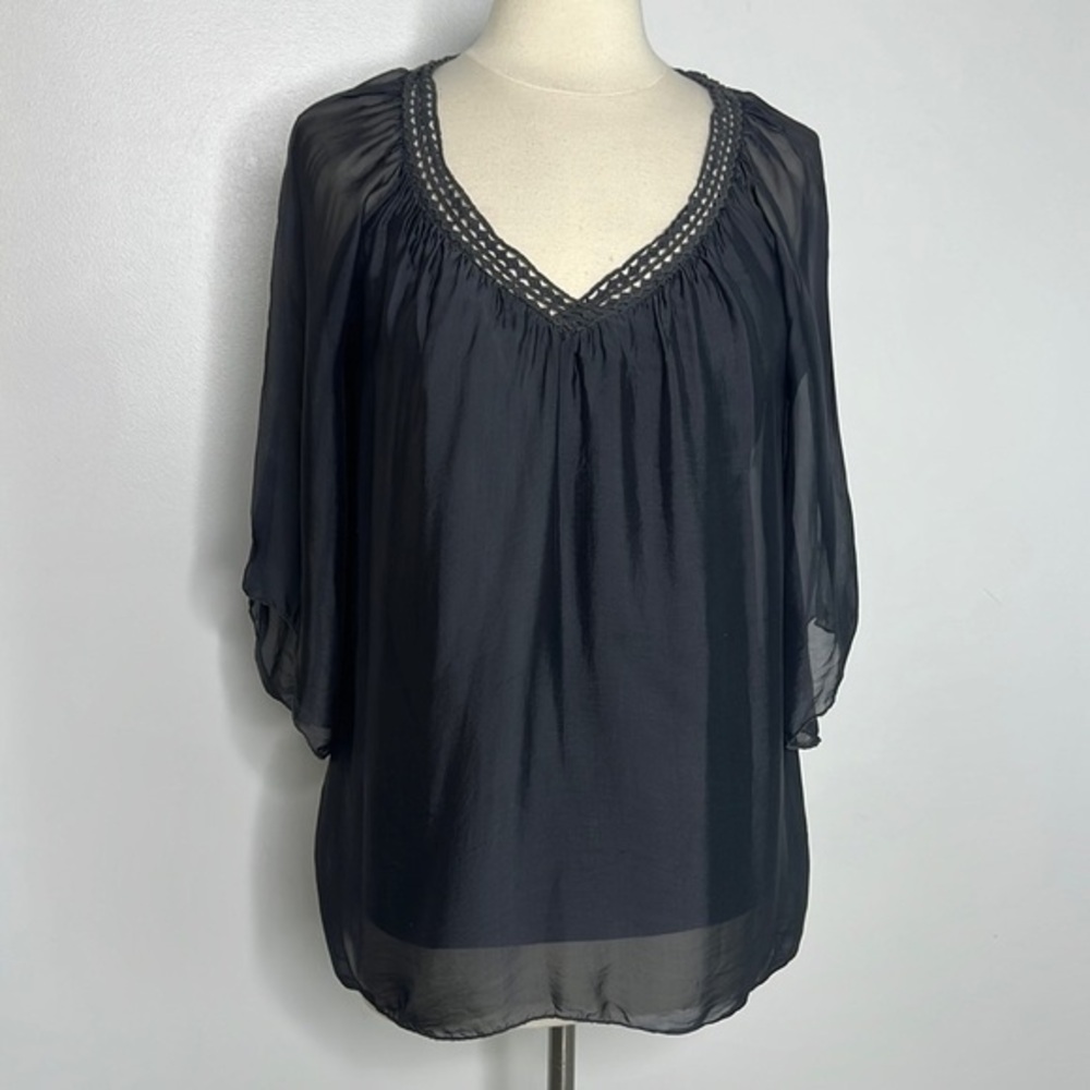 Cobblestone Black silk sheer long sleeve top made in Italy